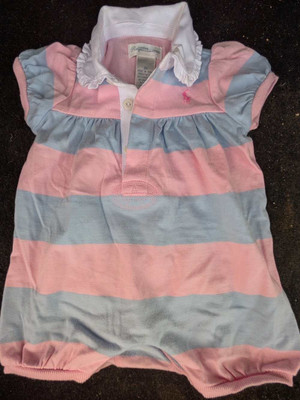 Ralph Lauren Pink & Light Blue Striped Polo Romper with Ruffled Collar